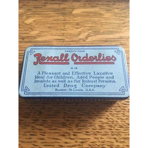 Vintage Rexall Orderlies Laxative Tin Old Drug Store Advertising Can 4” X 2”